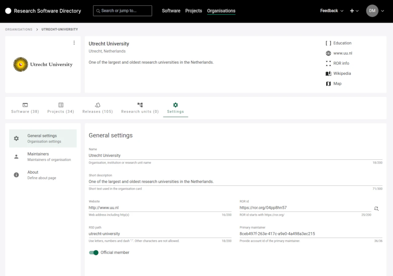 Screenshot of organisation settings